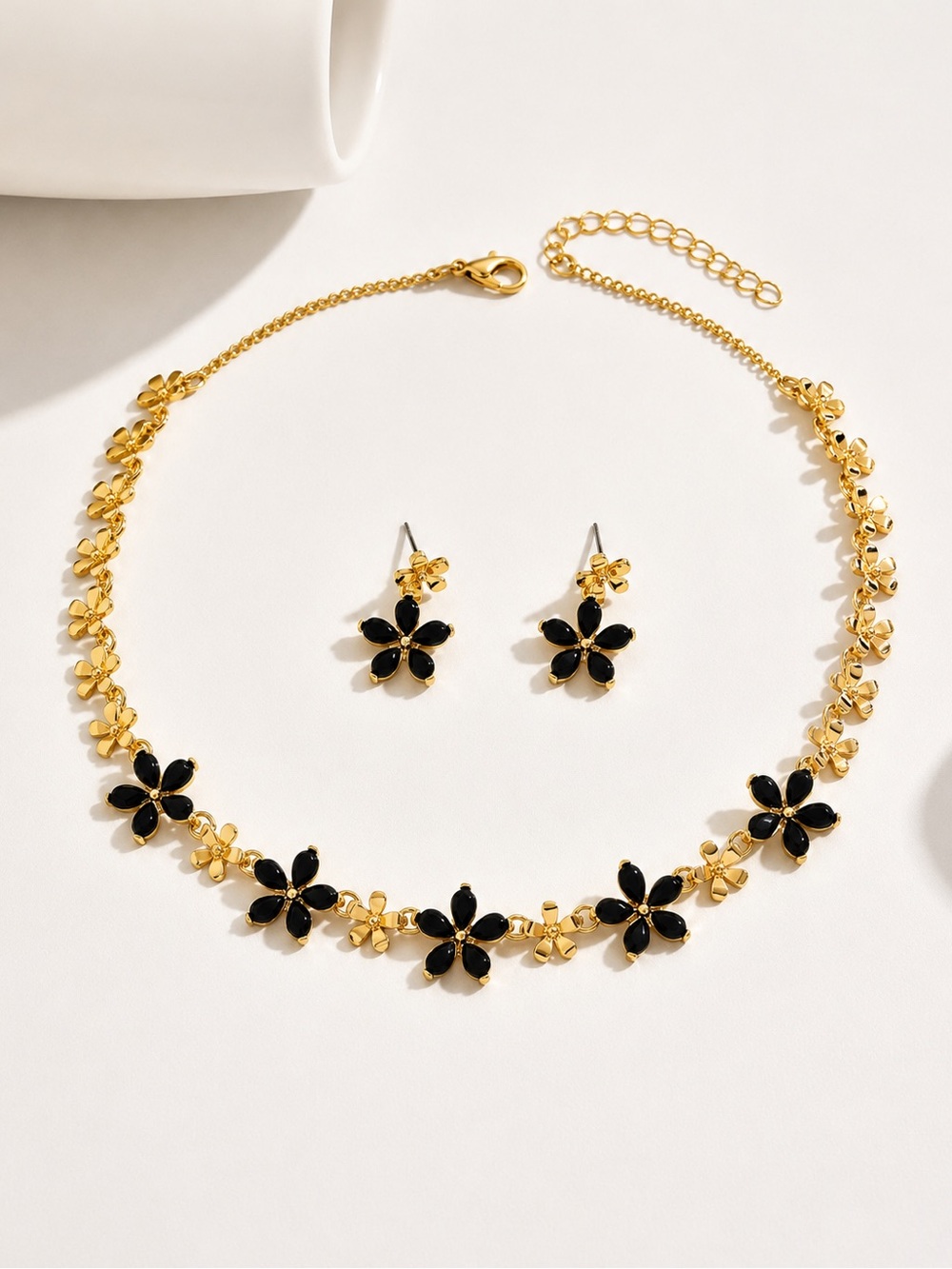 Statement Gold Floral Necklace and Earring Set with Black Accents - Picture 3 of 3